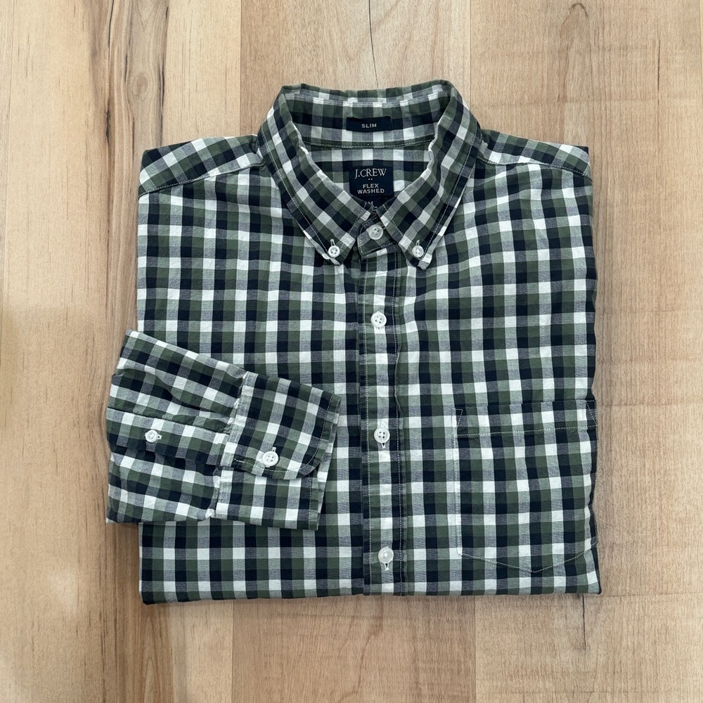 JCrew Mercantile Slim Fit Long Sleeve Plaid Button Down Shirt Navy Green White